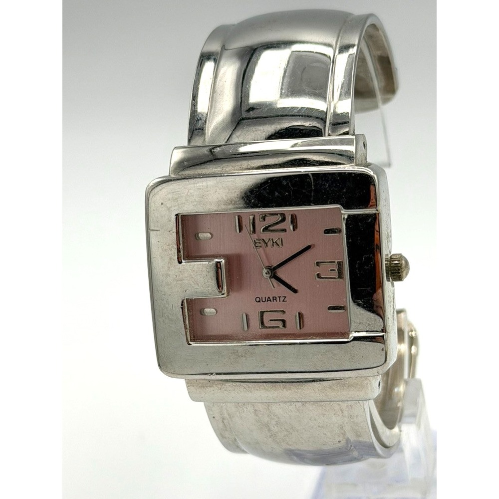 EYKI Women's Silver Tone Cuff Bracelet Watch Pink Dial Quartz Running